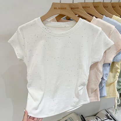 Colorful polka dot right shoulder short-sleeved T-shirt for women, slim waist design, 2024 new summer niche tops and T-shirts