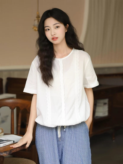 Small fresh Korean style white short-sleeved shirt women's summer thin Japanese style casual loose shirt hem drawstring top