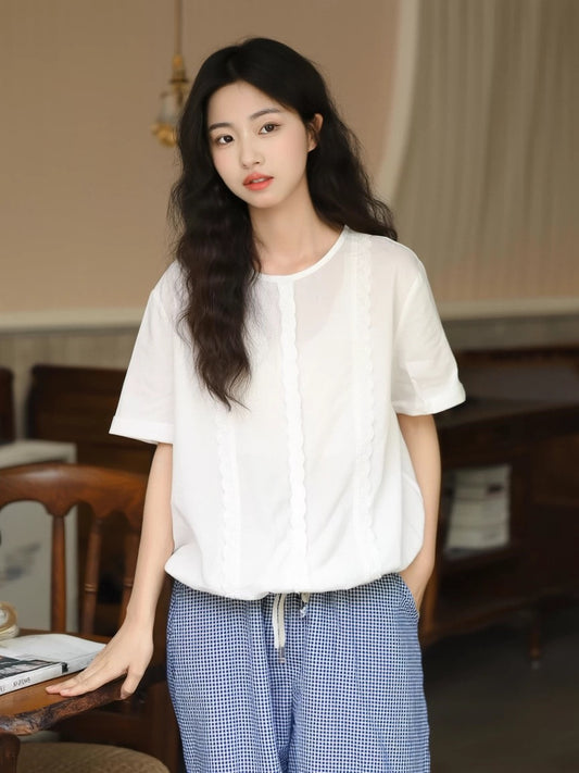 Small fresh Korean style white short-sleeved shirt women's summer thin Japanese style casual loose shirt hem drawstring top