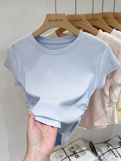 Colorful polka dot right shoulder short-sleeved T-shirt for women, slim waist design, 2024 new summer niche tops and T-shirts
