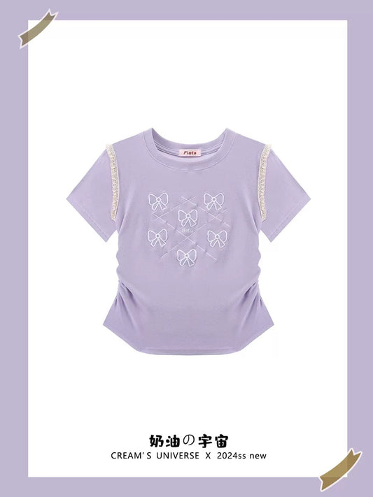 Cream Universe Embroidered Bow Lace Purple Right Shoulder Short Sleeve T-Shirt Women's Short Short Top New Style