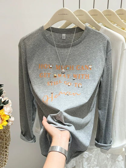 Gray letter printed long-sleeved T-shirt for women in summer, slightly translucent, unique and chic loose top, sun protection cover-up, trendy