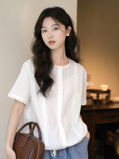 Small fresh Korean style white short-sleeved shirt women's summer thin Japanese style casual loose shirt hem drawstring top