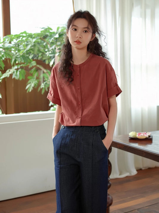 Small fresh Korean style simple versatile short-sleeved shirt women's summer thin Japanese style loose casual round neck shirt tops