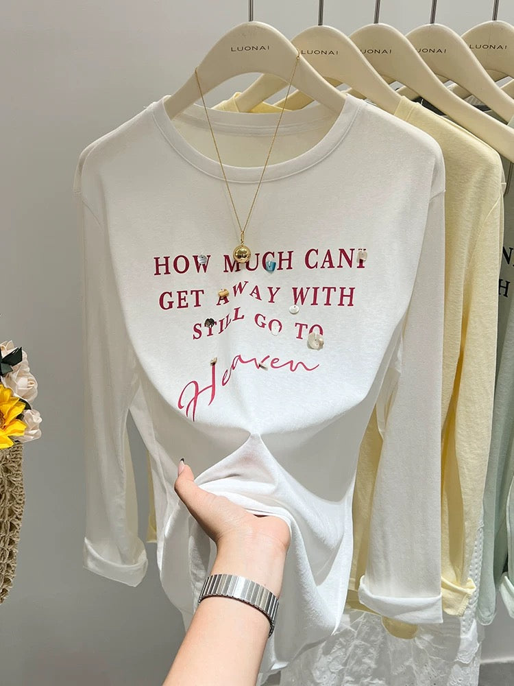 Gray letter printed long-sleeved T-shirt for women in summer, slightly translucent, unique and chic loose top, sun protection cover-up, trendy