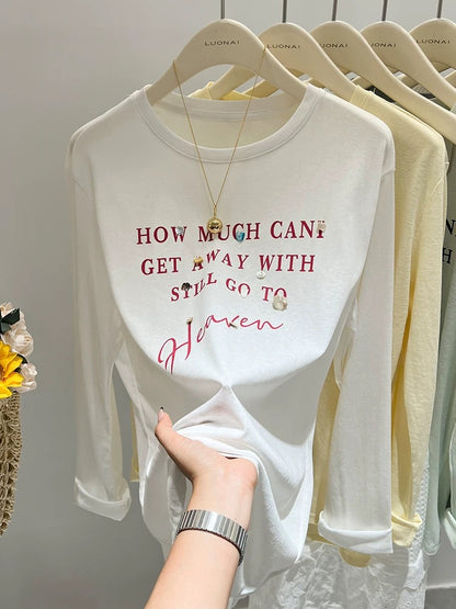 Gray letter printed long-sleeved T-shirt for women in summer, slightly translucent, unique and chic loose top, sun protection cover-up, trendy