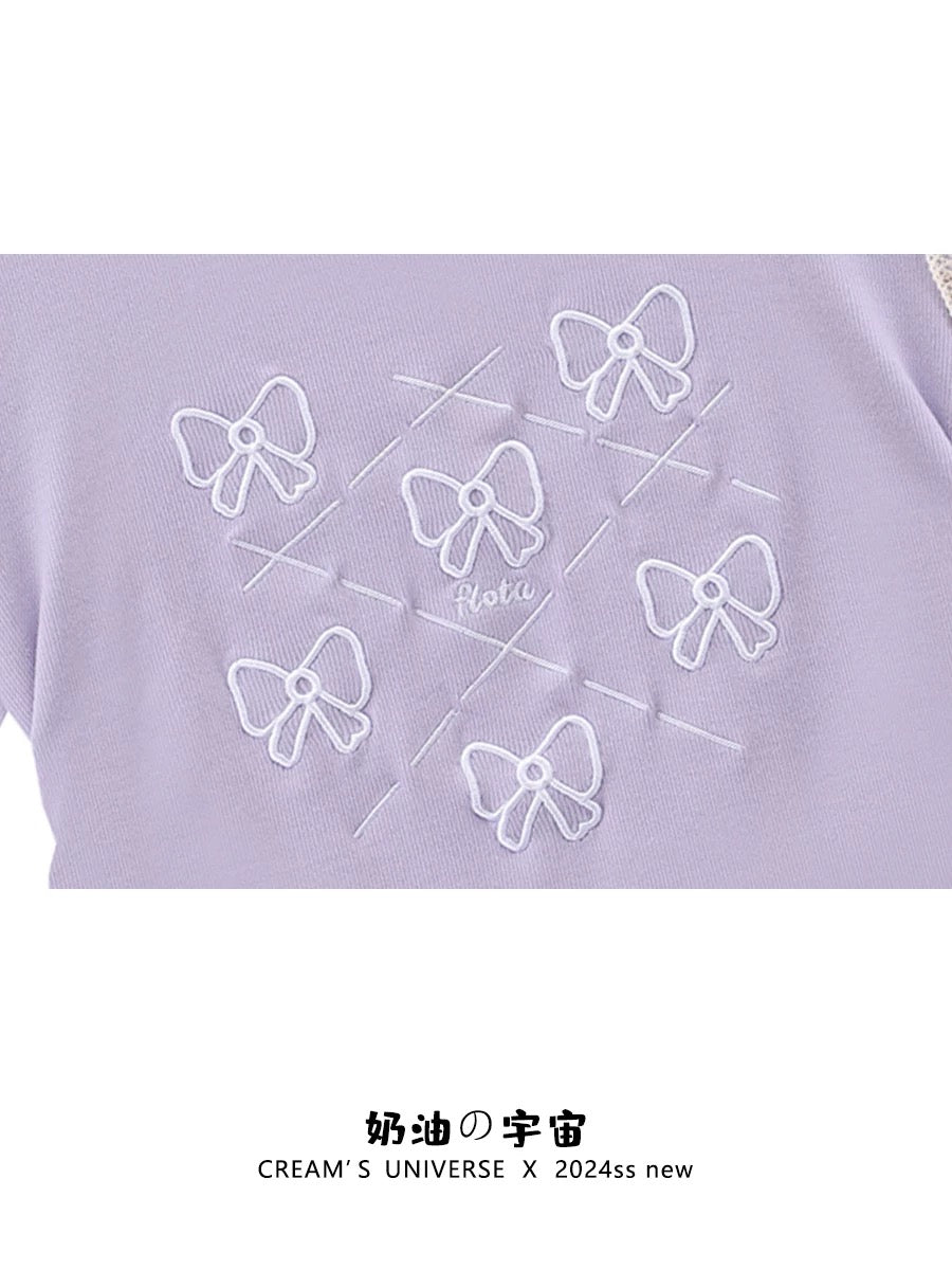 Cream Universe Embroidered Bow Lace Purple Right Shoulder Short Sleeve T-Shirt Women's Short Short Top New Style