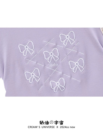 Cream Universe Embroidered Bow Lace Purple Right Shoulder Short Sleeve T-Shirt Women's Short Short Top New Style