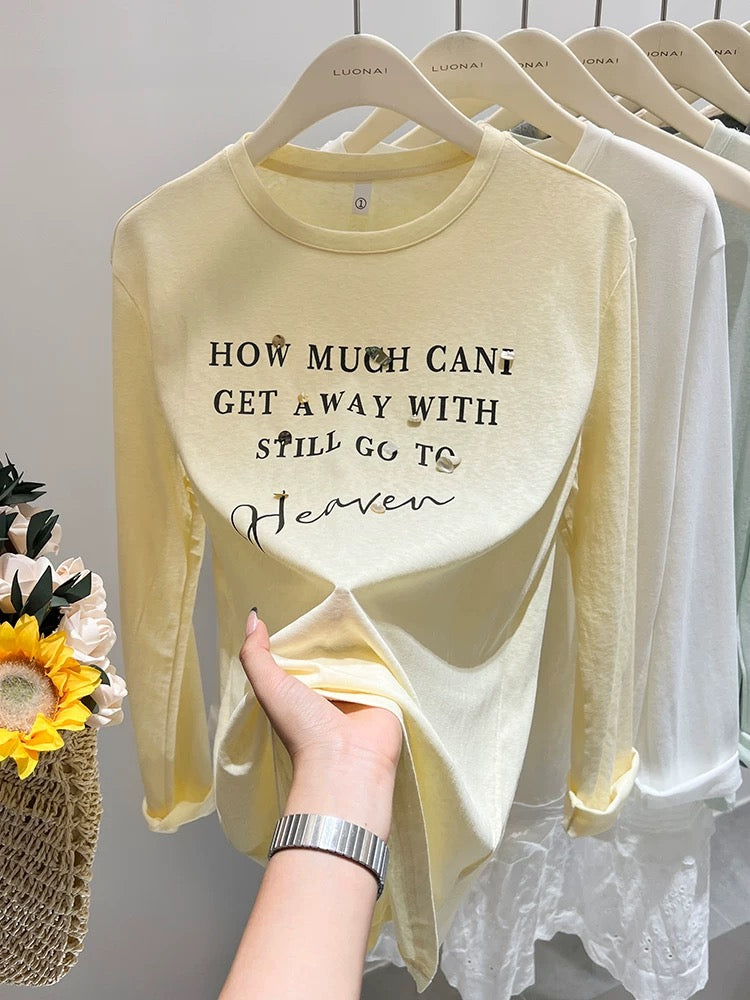 Gray letter printed long-sleeved T-shirt for women in summer, slightly translucent, unique and chic loose top, sun protection cover-up, trendy