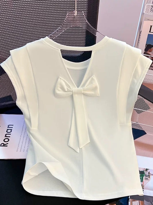 Hollow back bow top summer design niche chic slim short sleeveless t-shirt for women with small flying sleeves