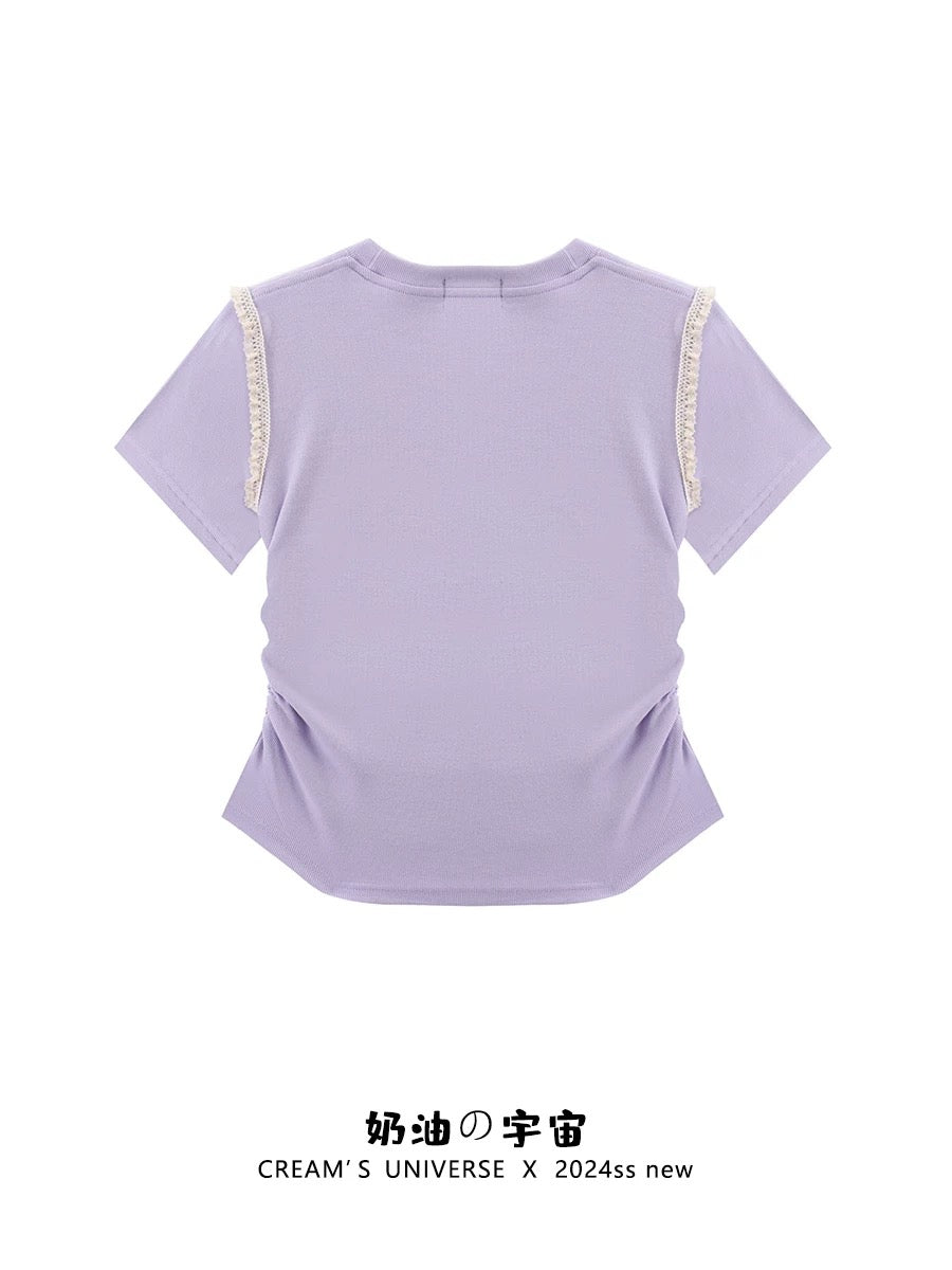 Cream Universe Embroidered Bow Lace Purple Right Shoulder Short Sleeve T-Shirt Women's Short Short Top New Style