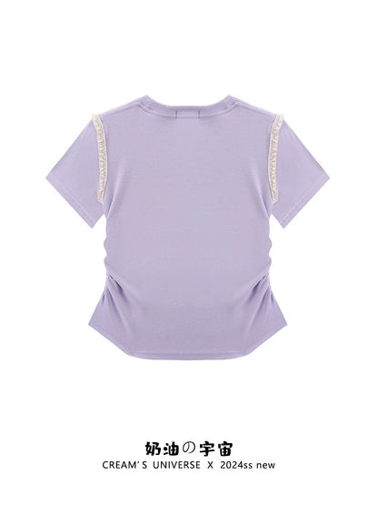 Cream Universe Embroidered Bow Lace Purple Right Shoulder Short Sleeve T-Shirt Women's Short Short Top New Style