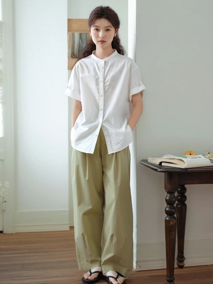 Small fresh Korean style simple versatile short-sleeved shirt women's summer thin Japanese style loose casual round neck shirt tops