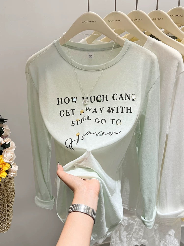 Gray letter printed long-sleeved T-shirt for women in summer, slightly translucent, unique and chic loose top, sun protection cover-up, trendy