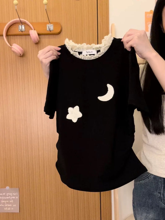 Cream Universe flocked star and moon lace front shoulder short-sleeved T-shirt women's Japanese ballet style short top summer new style