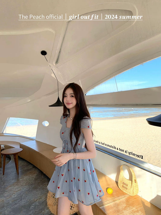 thepeachofficial【Galaxy Dream】Blue Floral Square Neck Dress/Short Skirt for Women, Summer Design