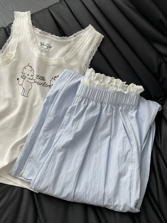 Korean style sweet lace blue casual pants for women summer loose straight casual wide leg walking pants