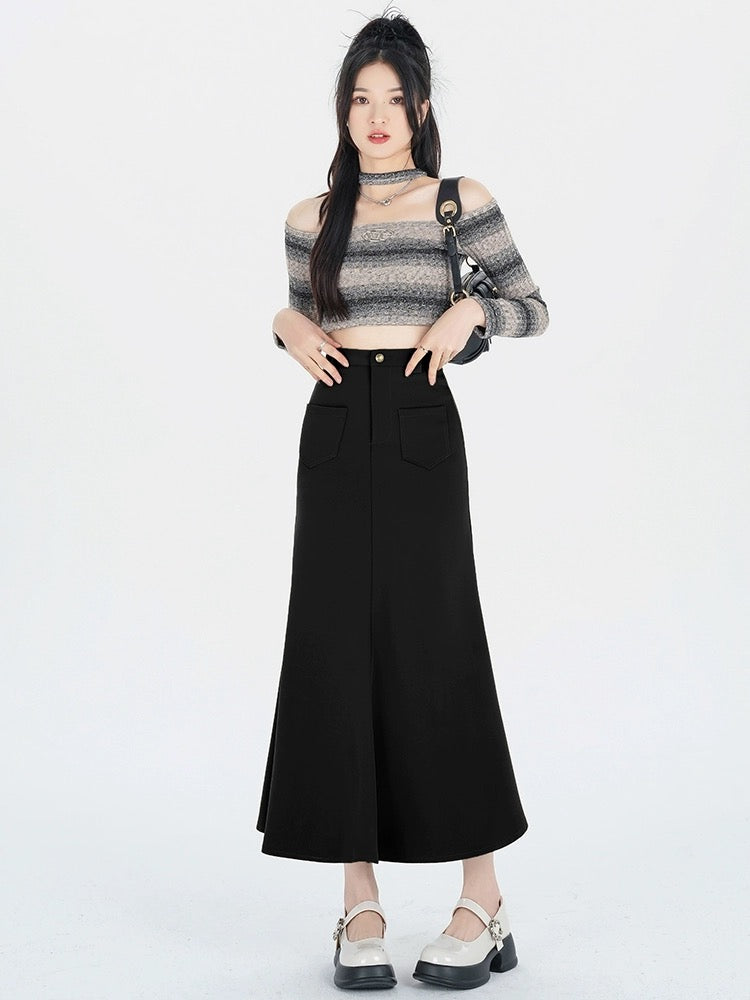 Black fishtail skirt skirt for small people 2024 new spring and autumn design slimming mid-length hip skirt
