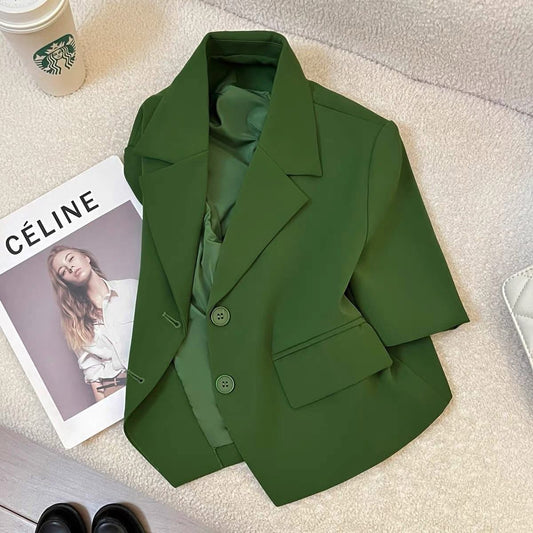 Green short suit jacket for women petite 2025 summer new French retro lady thin commuter top