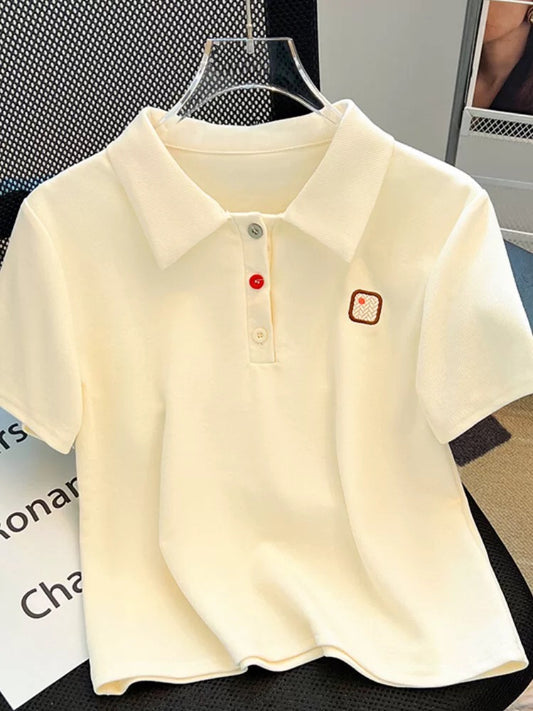 Right shoulder lapel polo shirt short-sleeved t-shirt for women 2024 new popular summer collared shirt slim short top