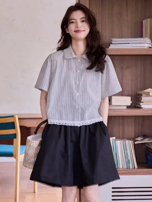 Korean style high-grade lace splicing striped short-sleeved shirt for women in summer new style small fresh simple versatile top trend