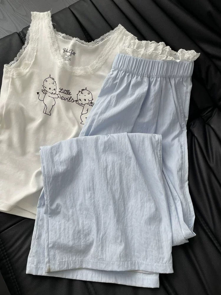Korean style sweet lace blue casual pants for women summer loose straight casual wide leg walking pants