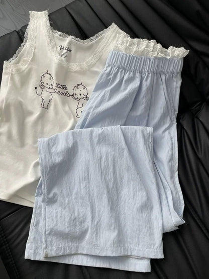 Korean style sweet lace blue casual pants for women summer loose straight casual wide leg walking pants