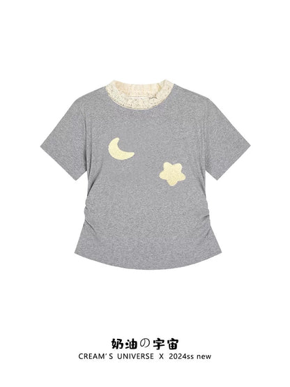 Cream Universe flocked star and moon lace front shoulder short-sleeved T-shirt women's Japanese ballet style short top summer new style