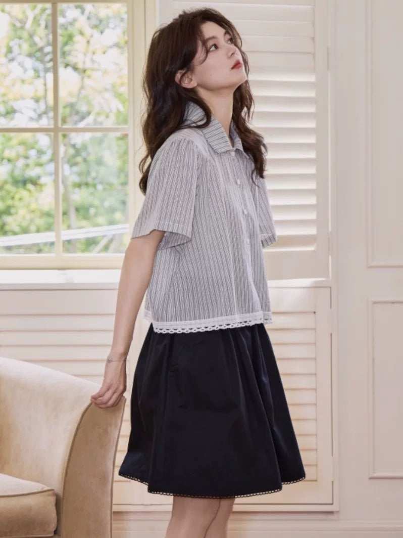 Korean style high-grade lace splicing striped short-sleeved shirt for women in summer new style small fresh simple versatile top trend