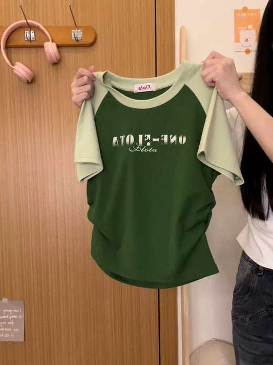 Cream Universe Retro Letter Raglan Short Sleeve T-shirt Women's Trendy Cool Style Short Waistless Top Summer New Style