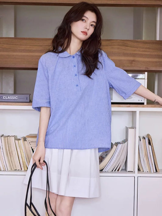Japanese casual versatile doll collar striped shirt women's summer new loose shirt sweet age-reducing temperament top