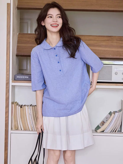 Japanese casual versatile doll collar striped shirt women's summer new loose shirt sweet age-reducing temperament top