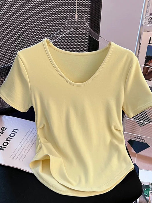 Irregular curved hem short-sleeved T-shirt for women summer 2024 new style pinch waist design waist short v-neck top