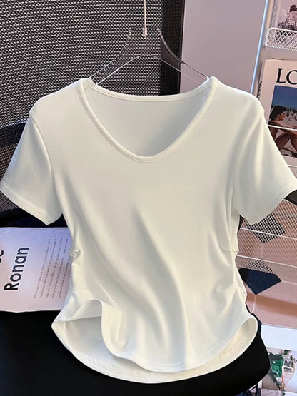 Irregular curved hem short-sleeved T-shirt for women summer 2024 new style pinch waist design waist short v-neck top