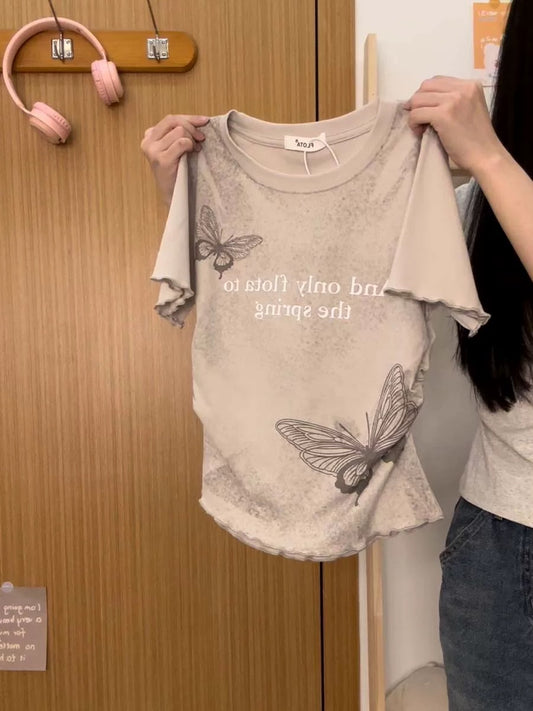 Cream Universe Graffiti Butterfly Letters Lace Front Shoulder Short Sleeve T-Shirt Women's Retro Sweet Cool Short Top New Style