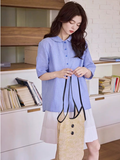 Japanese casual versatile doll collar striped shirt women's summer new loose shirt sweet age-reducing temperament top