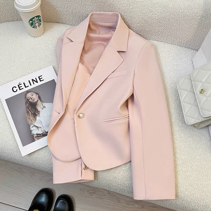 Pink short casual suit jacket for women 2025 spring and autumn new Korean style small size design fashion suit trend