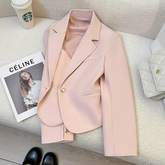 Pink short casual suit jacket for women 2025 spring and autumn new Korean style small size design fashion suit trend