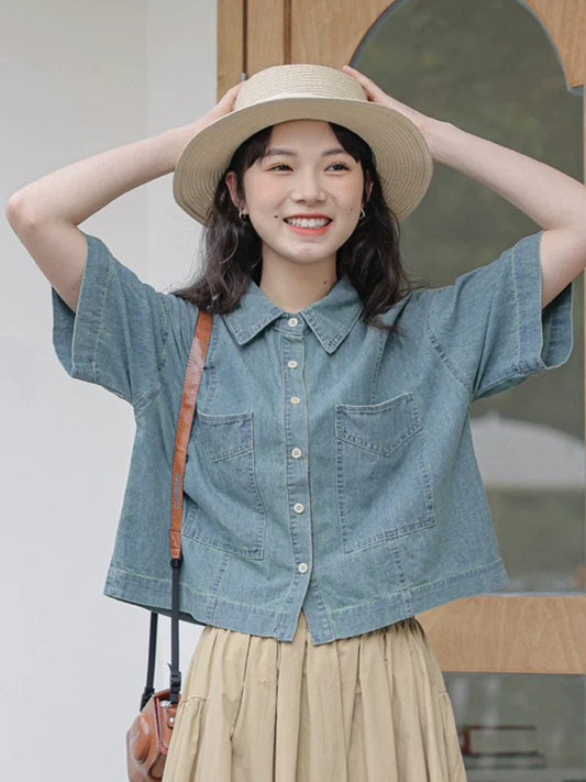 Retro Hong Kong style simple literary casual denim short-sleeved shirt women's summer new loose slim cardigan top trend