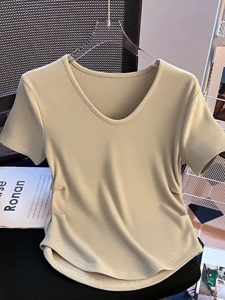 Irregular curved hem short-sleeved T-shirt for women summer 2024 new style pinch waist design waist short v-neck top