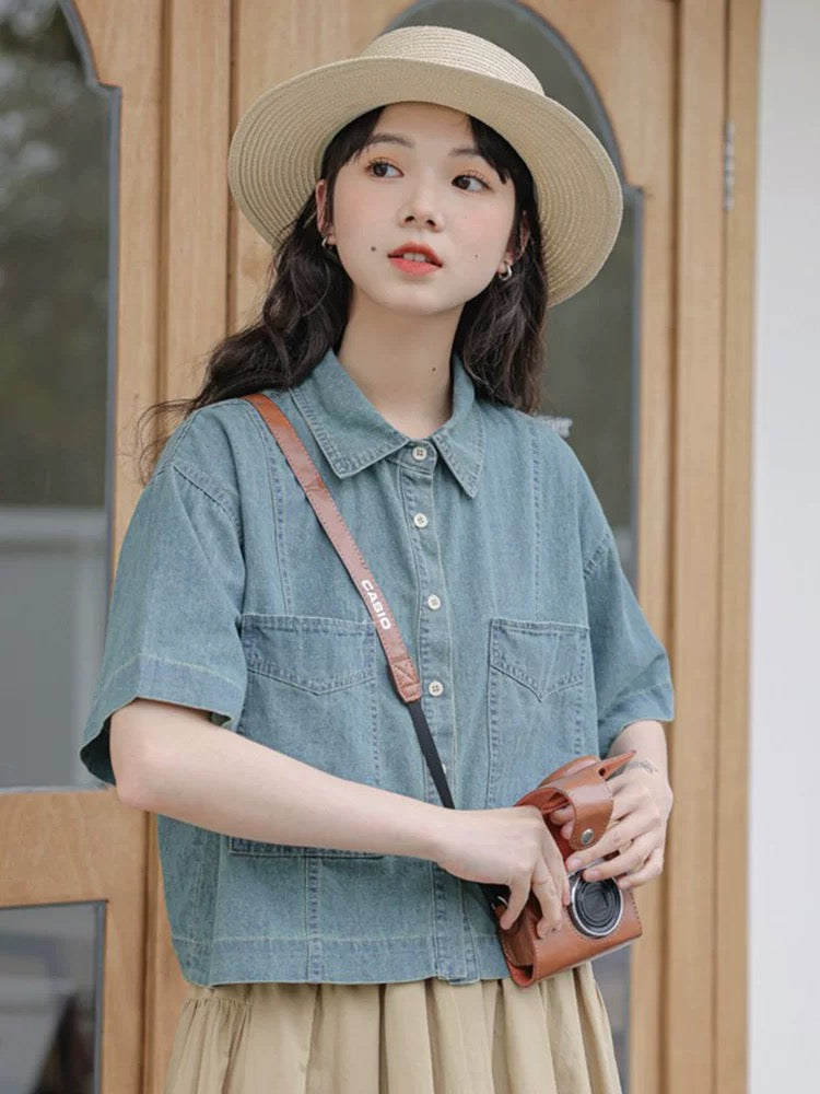 Retro Hong Kong style simple literary casual denim short-sleeved shirt women's summer new loose slim cardigan top trend