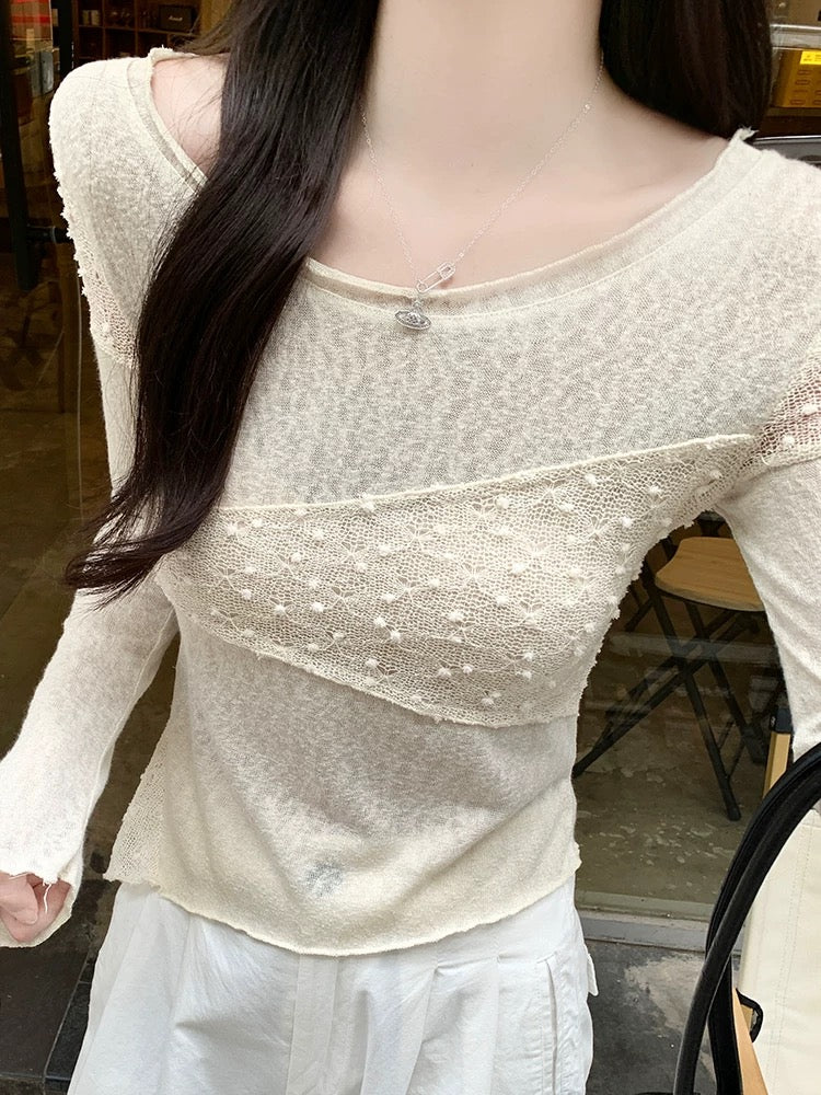 Lace splicing long-sleeved T-shirt for women in autumn and winter design niche irregular short top bottoming shirt for women