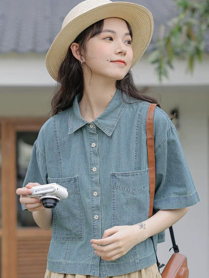 Retro Hong Kong style simple literary casual denim short-sleeved shirt women's summer new loose slim cardigan top trend
