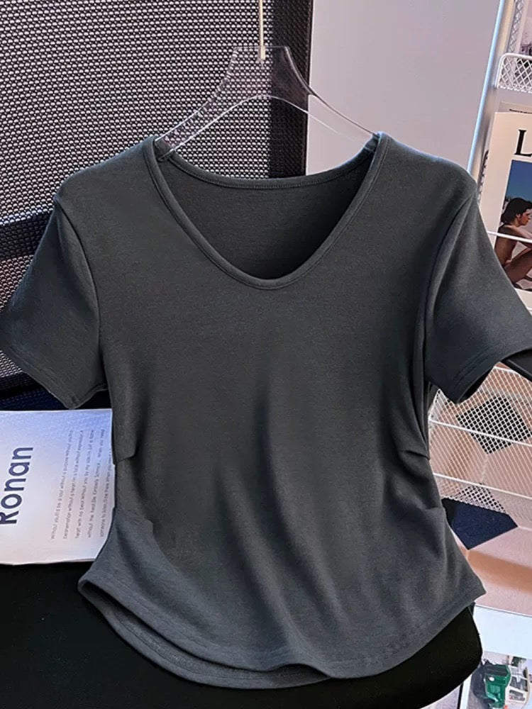Irregular curved hem short-sleeved T-shirt for women summer 2024 new style pinch waist design waist short v-neck top