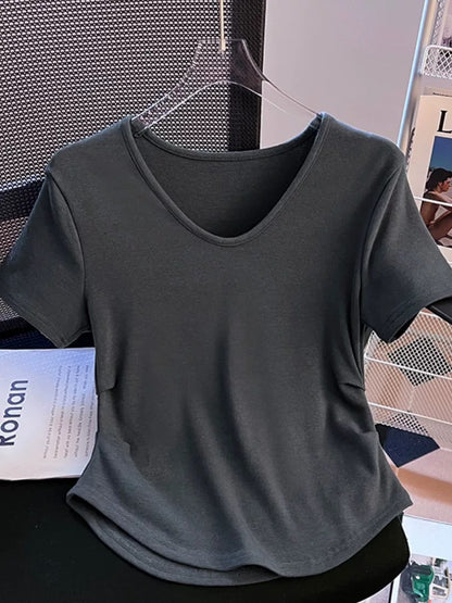 Irregular curved hem short-sleeved T-shirt for women summer 2024 new style pinch waist design waist short v-neck top