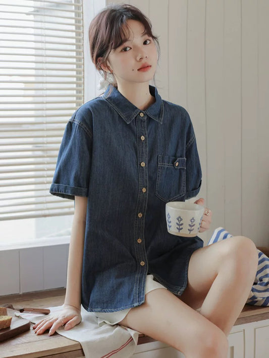 Korean retro casual loose denim short-sleeved shirt for women summer new style small fresh lapel top temperament shirt