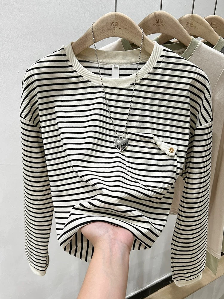 Striped right shoulder round neck long sleeve t-shirt for women autumn 2024 new design loose bottoming shirt with trendy top