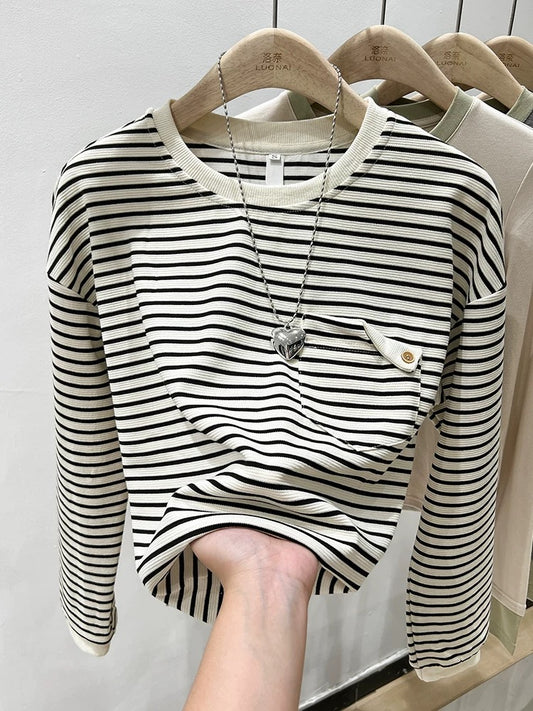 Striped right shoulder round neck long sleeve t-shirt for women autumn 2024 new design loose bottoming shirt with trendy top
