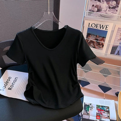 Irregular curved hem short-sleeved T-shirt for women summer 2024 new style pinch waist design waist short v-neck top