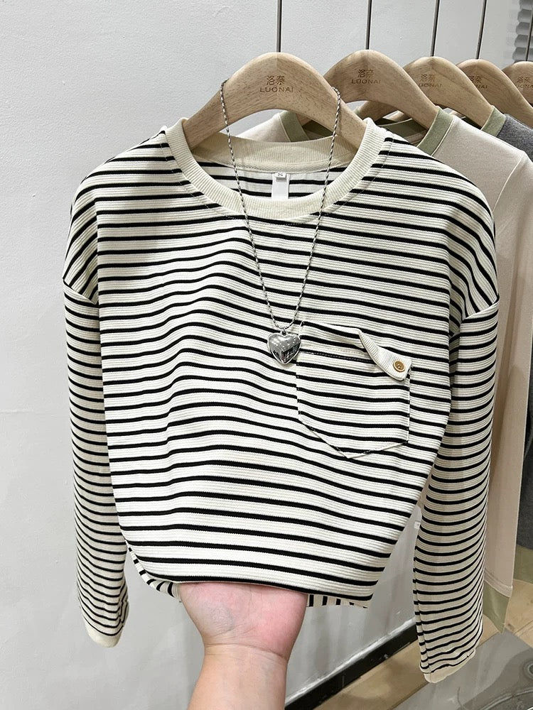 Striped right shoulder round neck long sleeve t-shirt for women autumn 2024 new design loose bottoming shirt with trendy top